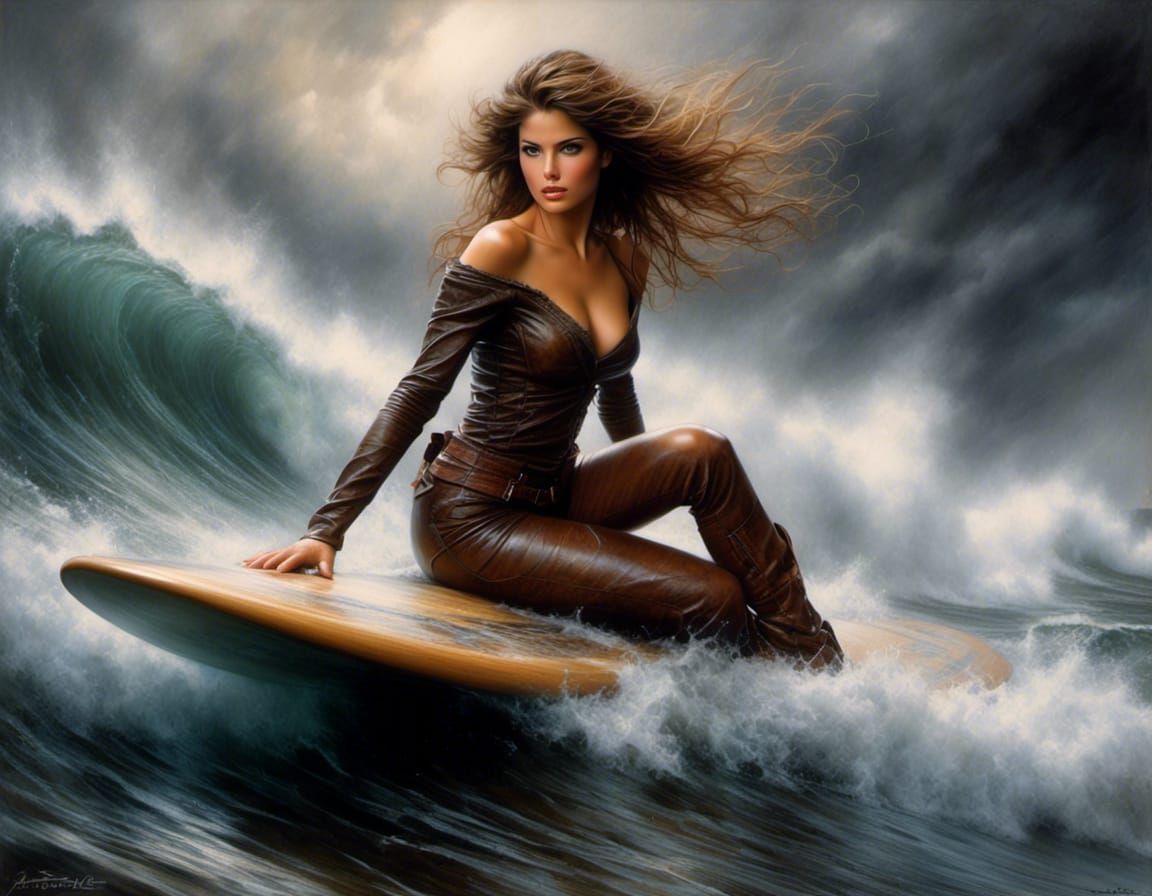 Woman Surfing a Tornado as Hyperrealistic Illustration