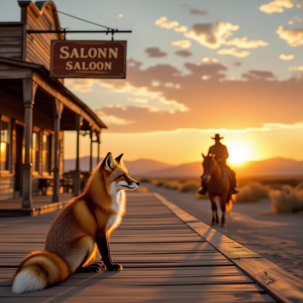 Photorealistic Fox Watches Horseback Rider on Dusty Boardwal...
