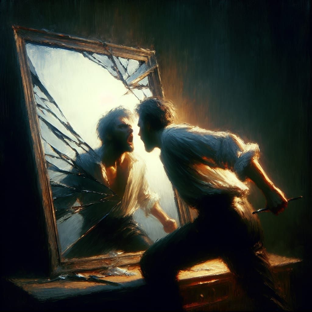 Dramatic Reflection of Inner Turmoil as Oil Painting