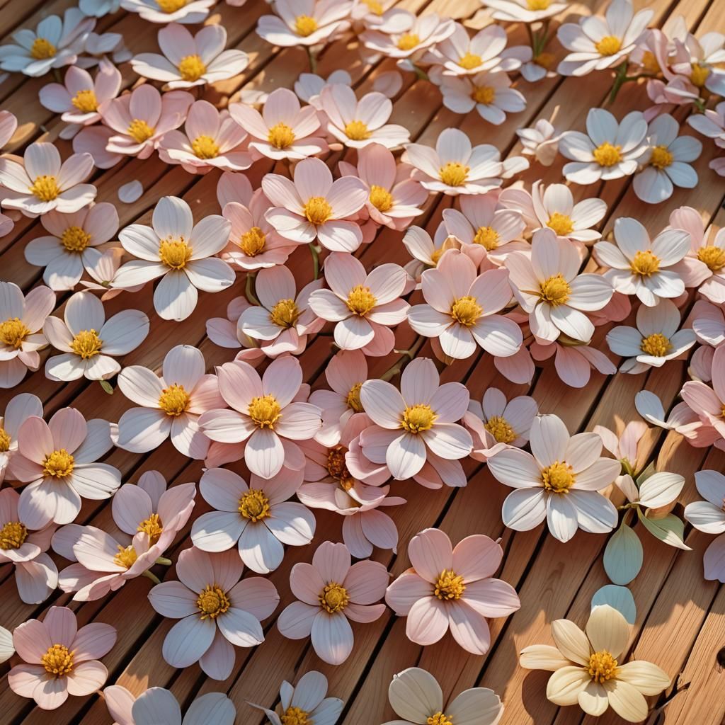 Hyper-Realistic Oshibana Flowers on Wooden Bed