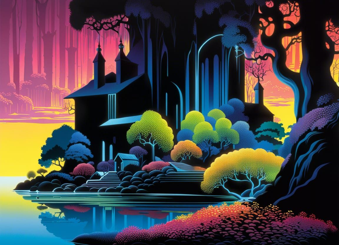 Bioluminescent Fantasy Tavern in the Style of Eyvind Earle