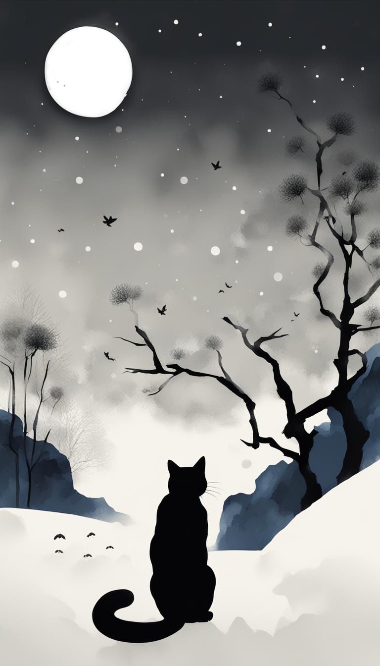 Minimalist Chinese Ink Painting of a Cat in Moonlight