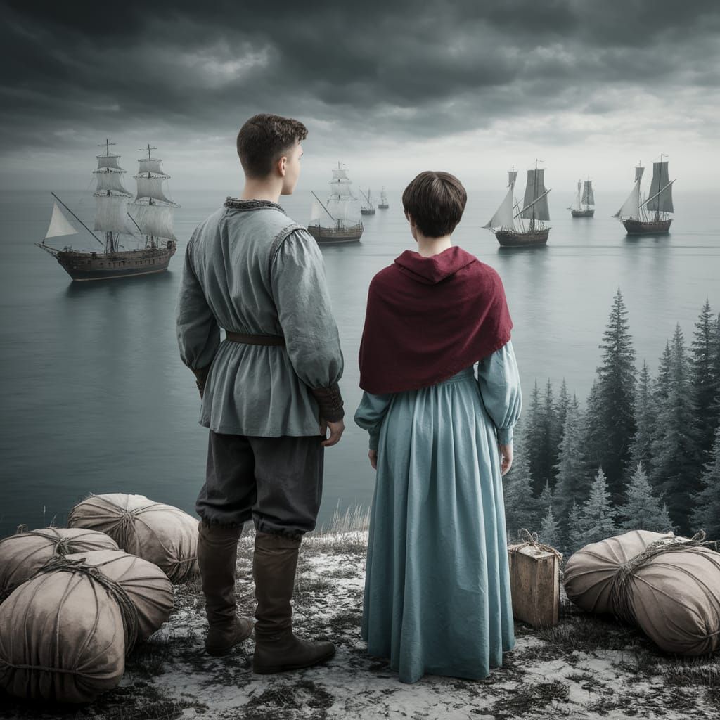 Medieval Couple Gaze Out at Sailing Vessels in Grey Skies