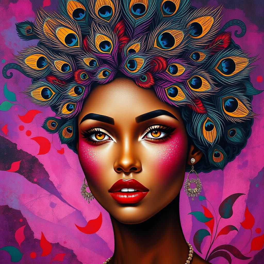 Vibrant Woman with Peacock Feathers, Abstract Portrait