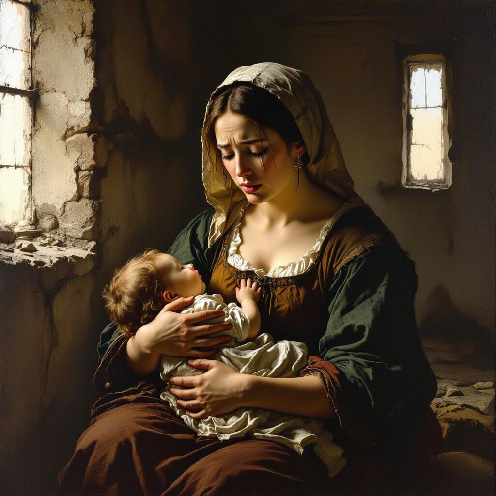 Renaissance Mother's Sorrow Over Dying Infant in Ruined Home