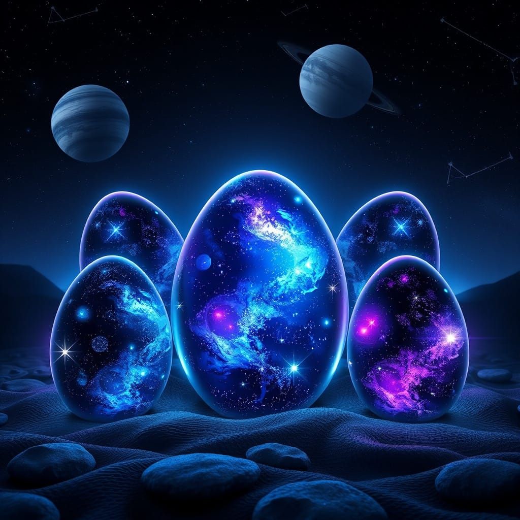 Cosmic Galaxy Eggs in Futuristic Starry Scene