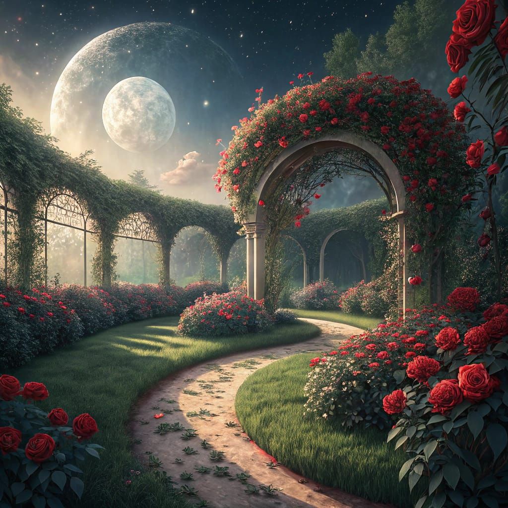 Majestic Garden Oasis Under Ethereal Moonlight