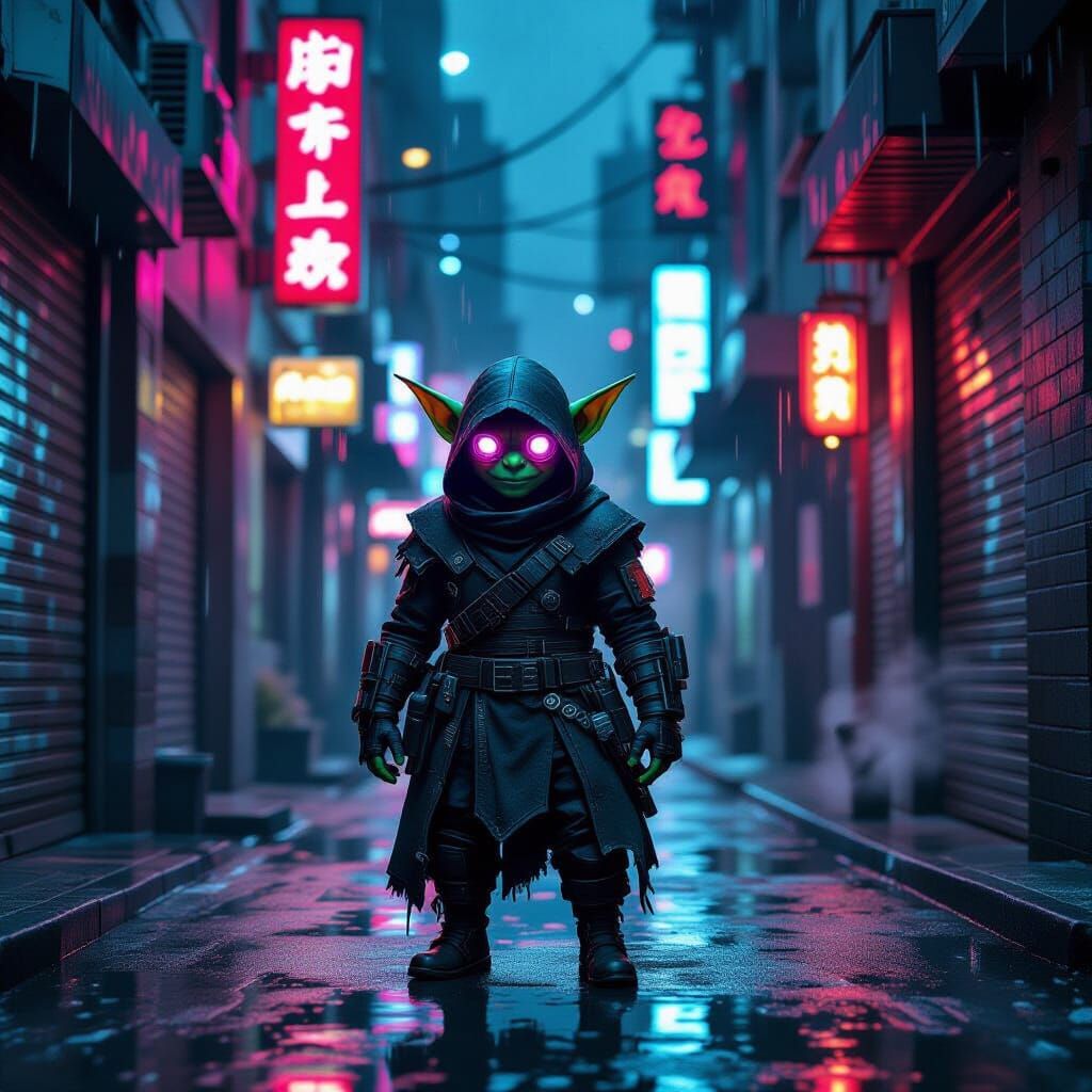 Cybernetic Goblin Bounty Hunter in Neon Alley