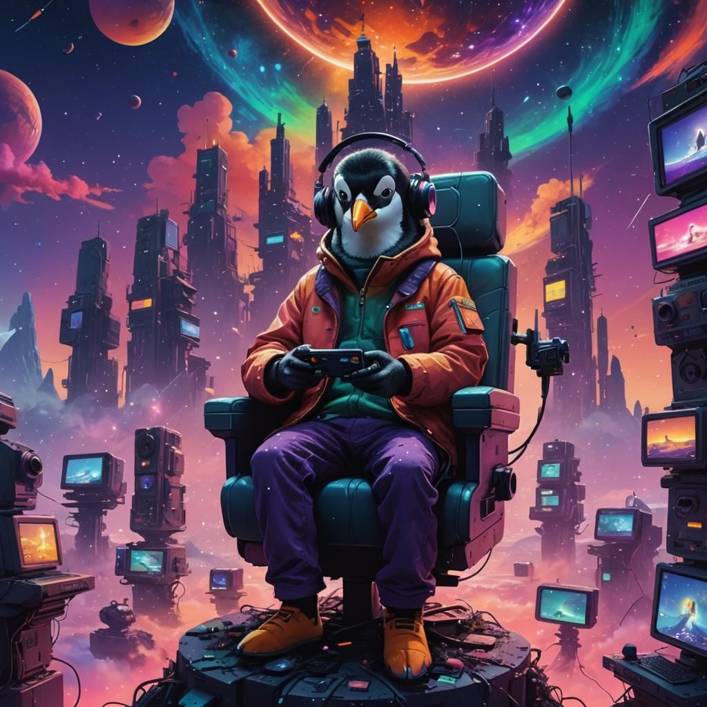 Penguin Gamer in Galaxy of Neon Nebulae