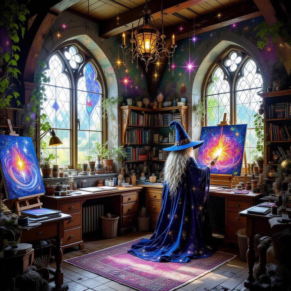 Magical Wizard Artist Studio with Enchanted Sparkles