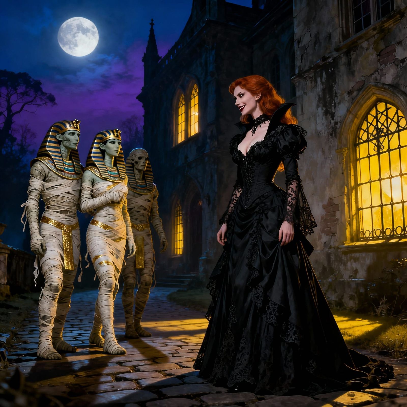 Vampire Greets Egyptian Mummies Outside Gothic Mansion