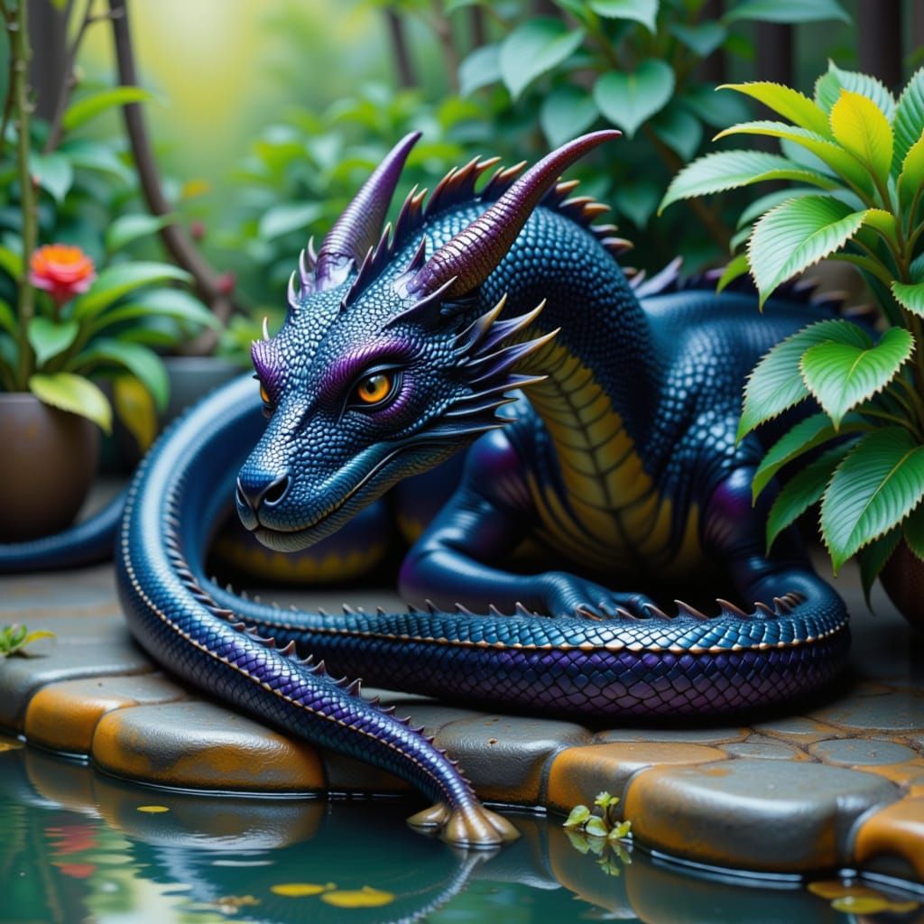 Black Dragon Lounging at Serene Pool
