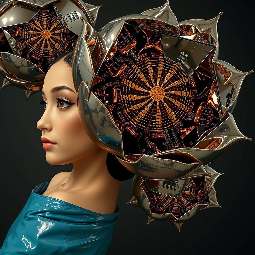 Chrome Lotus Sculpture with Optical Illusion