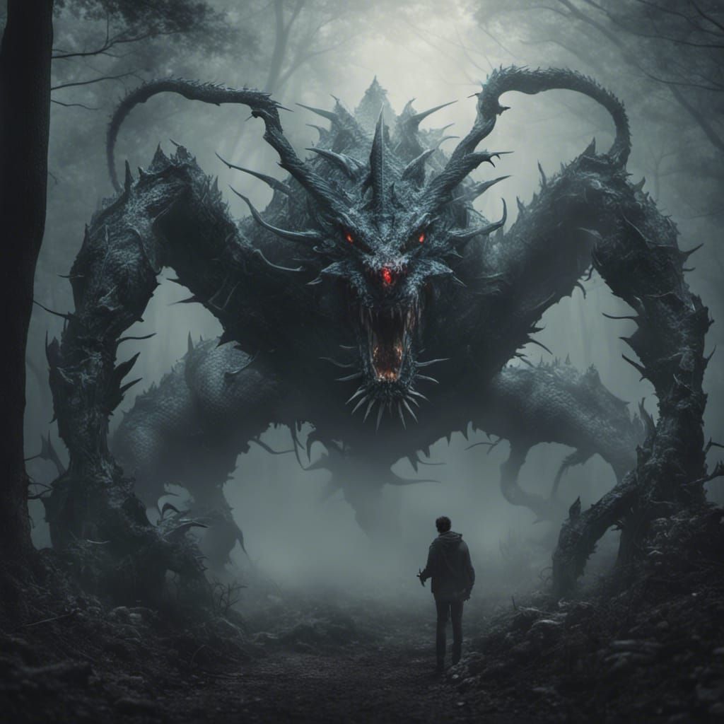 a giant monster hybrid of dragon and spider made of glass, in dark dense foggy forest