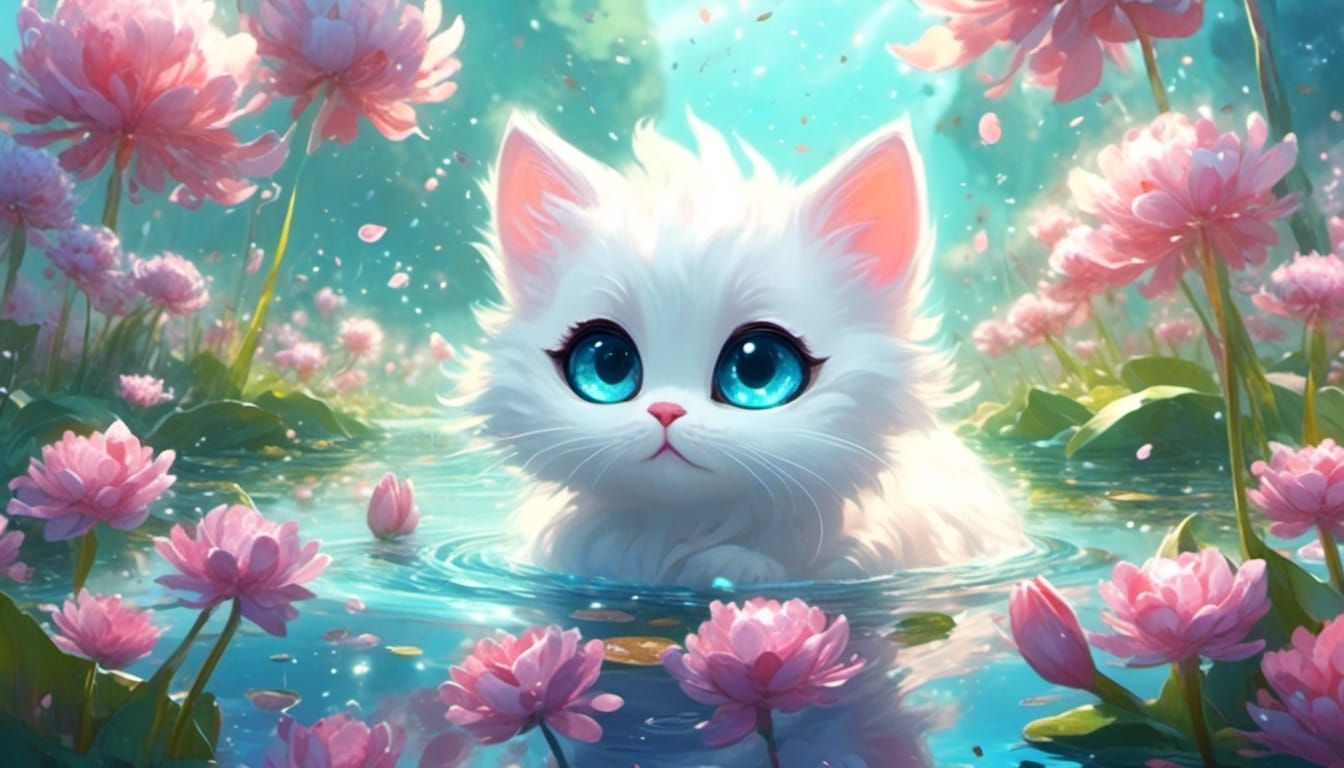 <lora:eye:1.0> Cute chibi baby cat with white fur and giant eyes walking around a lake water lilys with many hearts flyi...