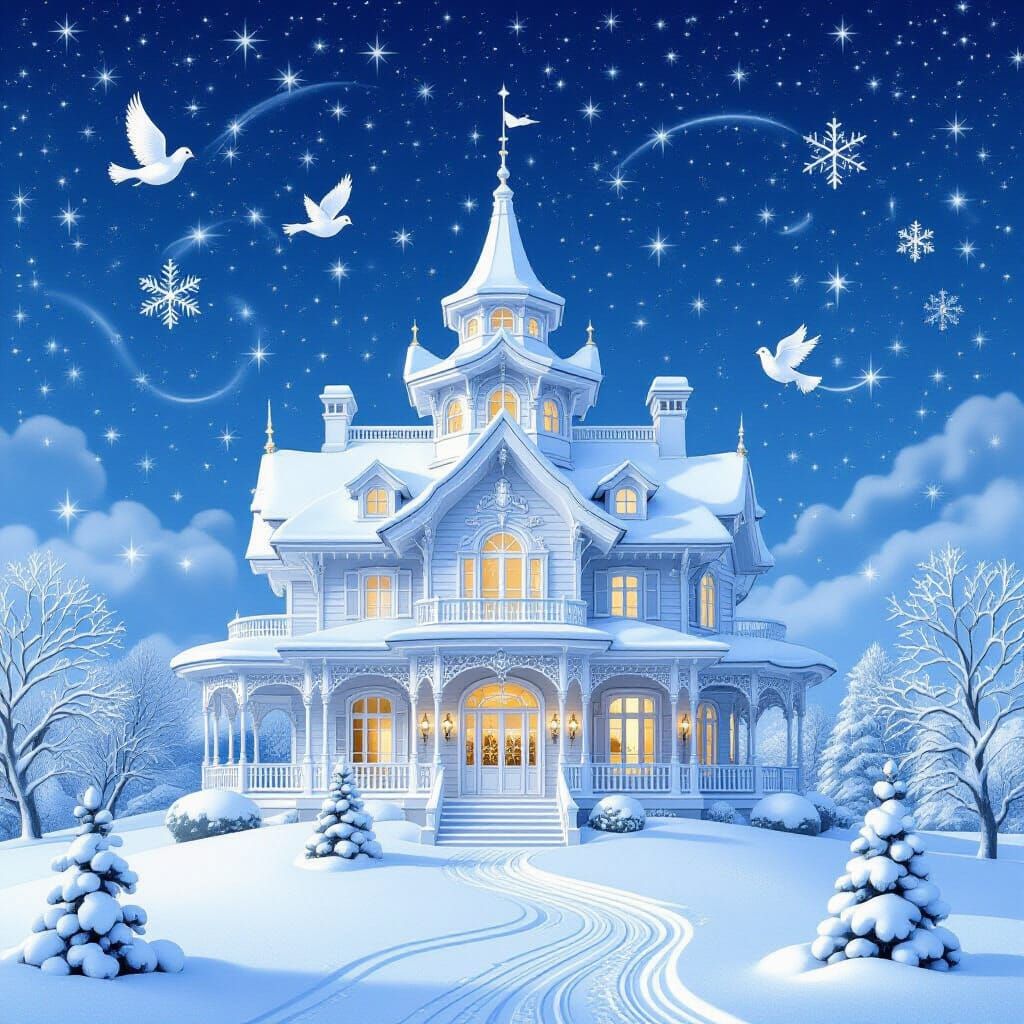 Magical Winter Villa with Starry Clouds and Ornate Motifs