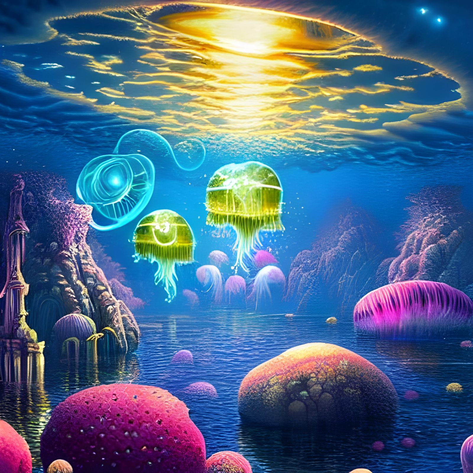 Cosmic Jellyfish in Escher-Inspired Synthwave Dreamscape