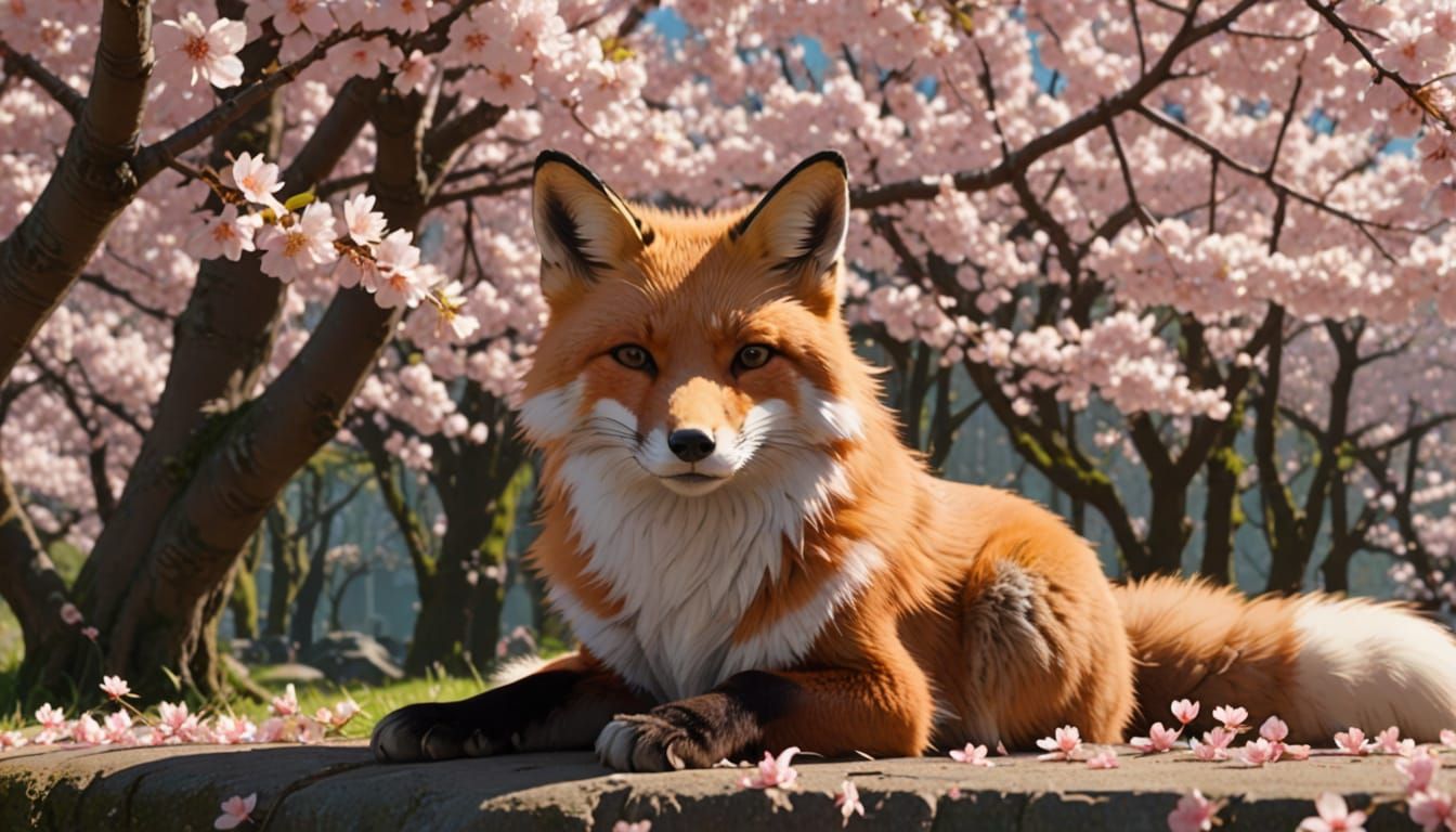 Fox Under Cherry Blossom Tree in Serene Studio Ghibli Style