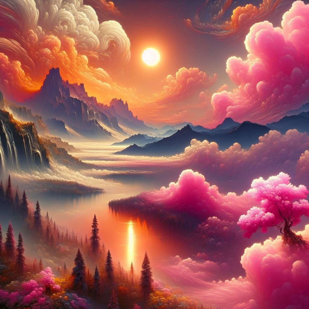 Pink Clouds and Mountain Landscape in Matte Painting Style