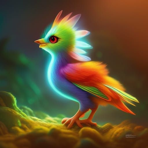 Rainbow Feathered Baby Phoenix in Art Nouveau Style