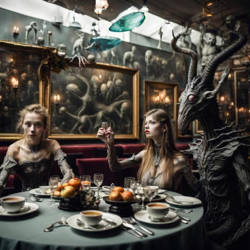 Surreal Restaurant Scene with Exotic Aliens