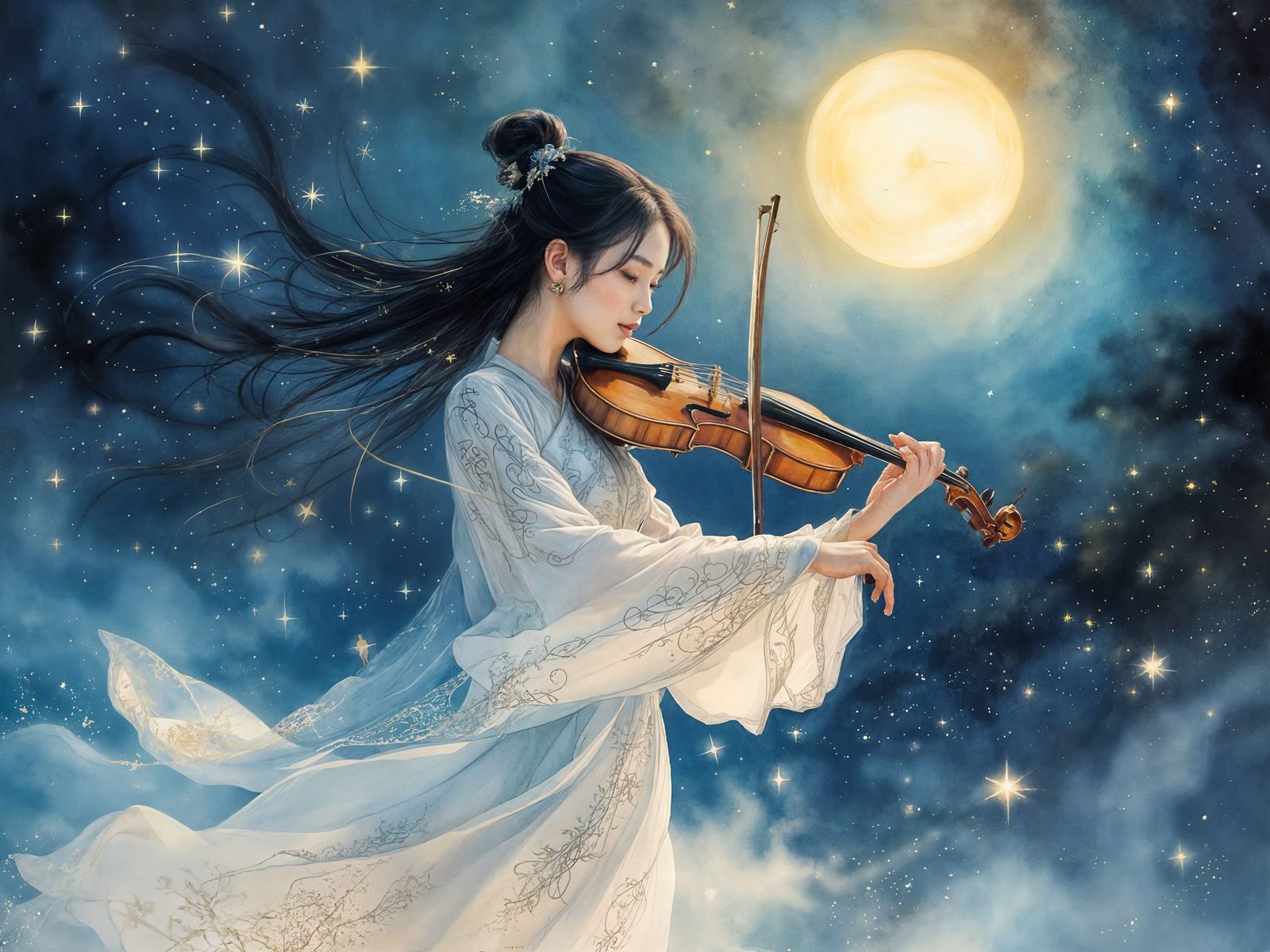 Surreal Young Musician Plays Violin under Starry Midnight Sk...