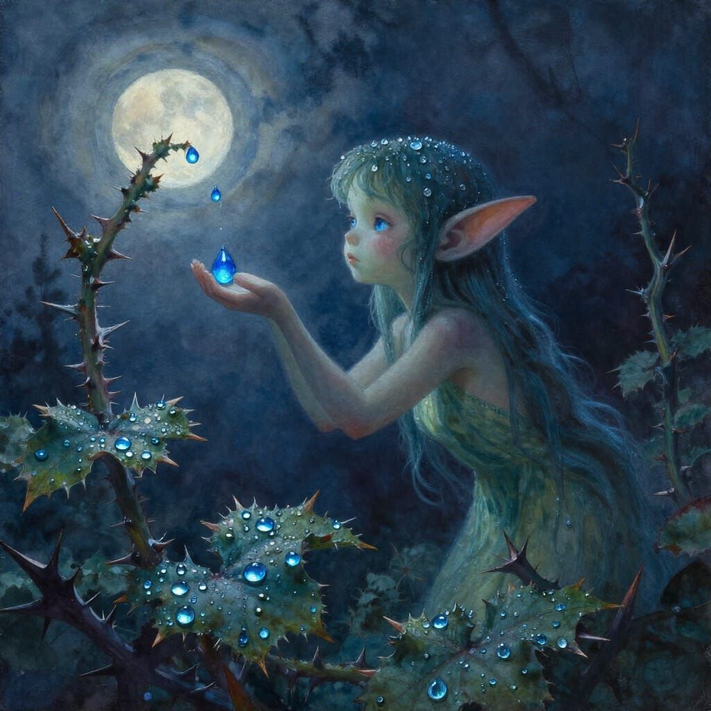 Nocturnal Sprite Gathers Luminous Dewdrops in Moonlight