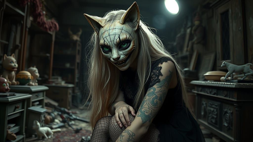 Gothic Woman in Dusty Attic, Dark Japanese Horror Style