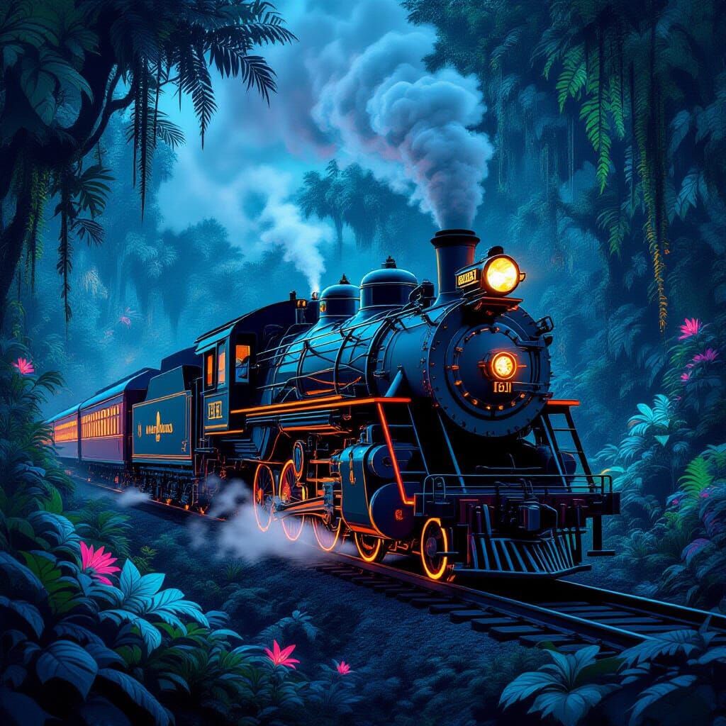Cybernetic Steam Train in Alien Jungle