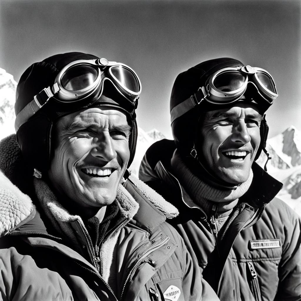 Mountaineers on Solitary Peak in 1950s Style