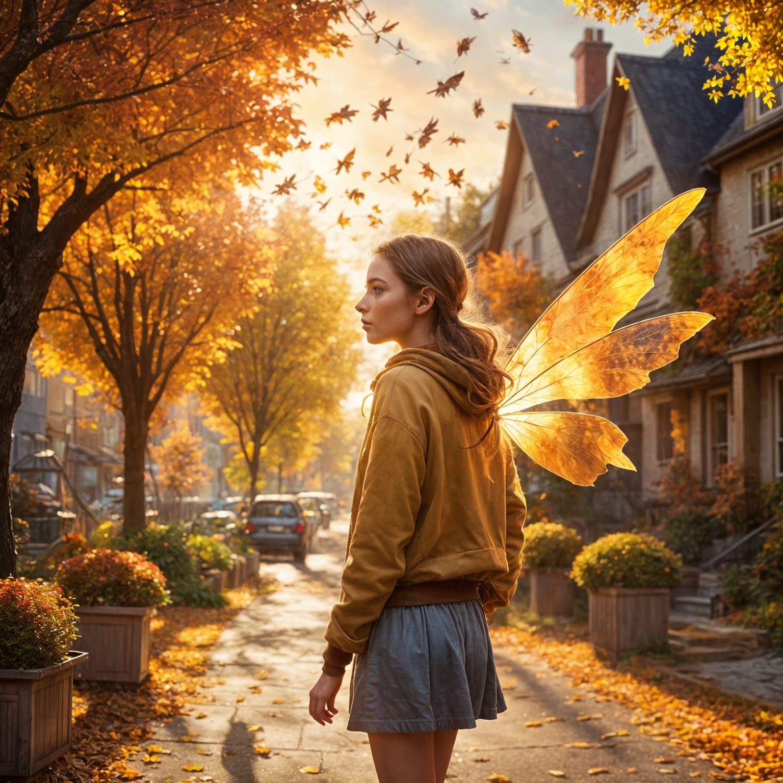 Girl Mesmerized by Autumn Fairies in Neighborhood