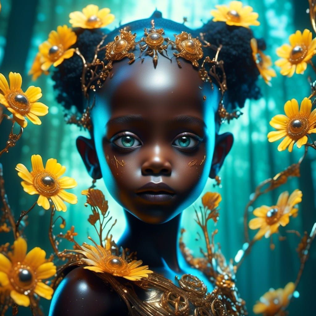 African Cyberbaby in Bioluminescent Forest at Dawn