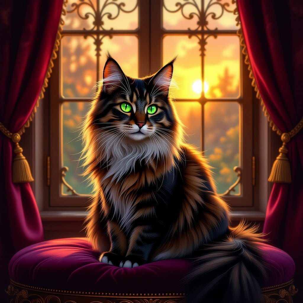 Majestic Cat on Velvet Cushion in Golden Hour Light