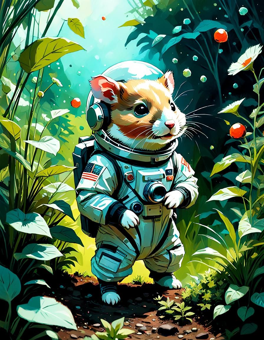 Hamster Astronaut in Garden, Digital Art