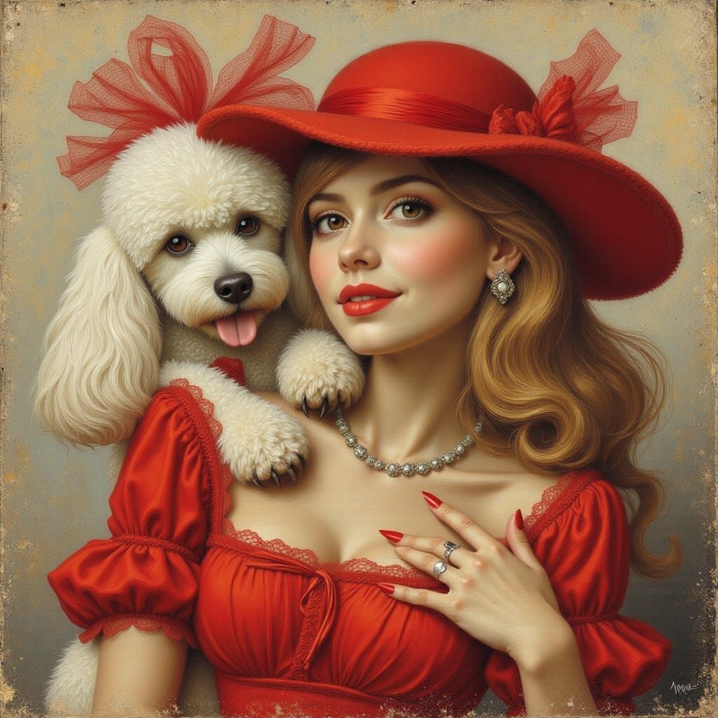 Lady in Red with Poodle in Impasto Style