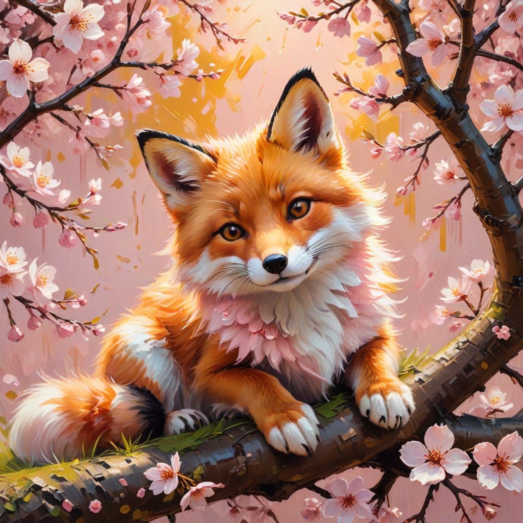 Fluffy Fox Under Cherry Blossoms in Gouache Style