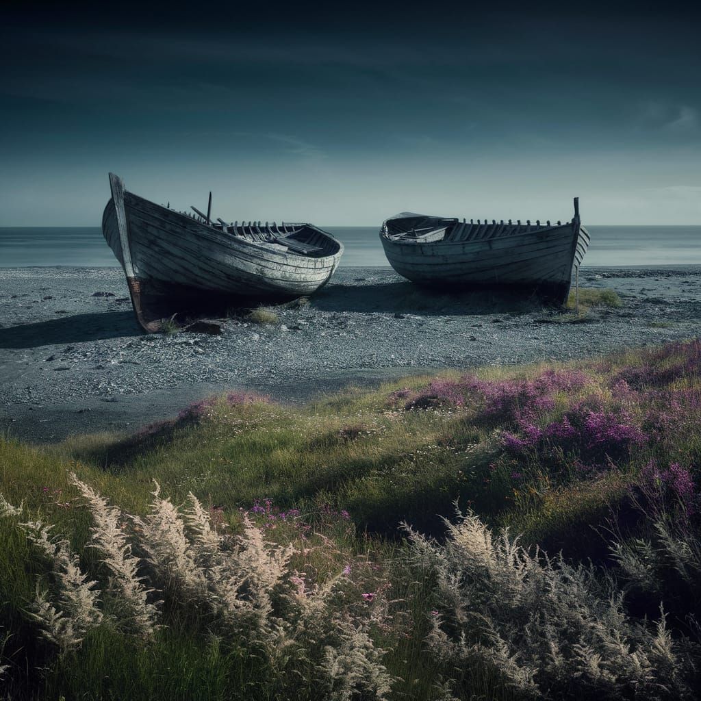 Dark Fantasy: Boats Stranded on a Tranquil Coast