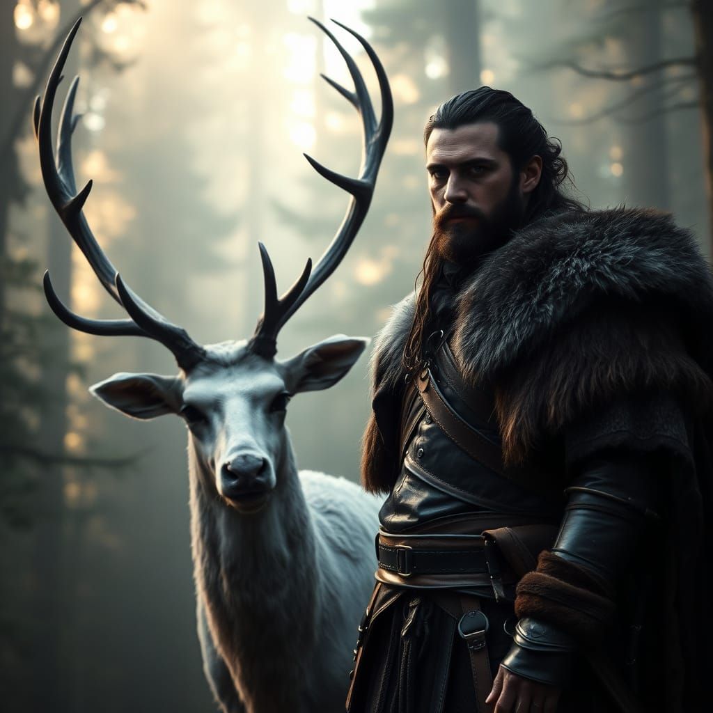 Majestic Nordic Warrior Connects with a Large White Stag in ...
