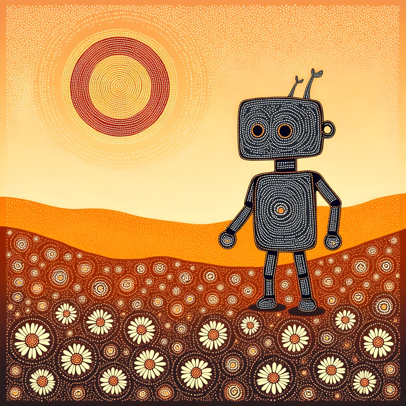 A cute simplistic Dreamtime robot in a field of Daisies