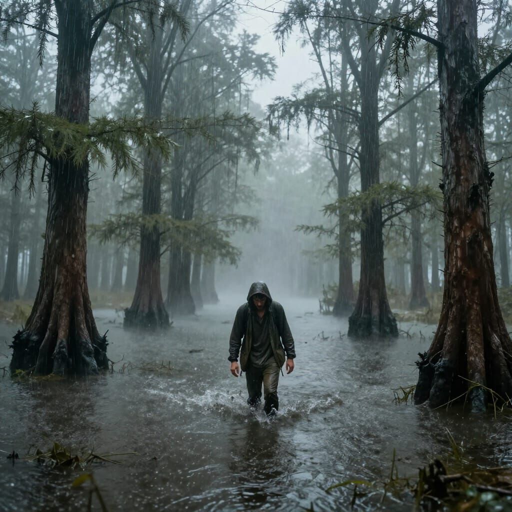 Hyperrealistic Lost Traveler in Swamp During Heavy Rain