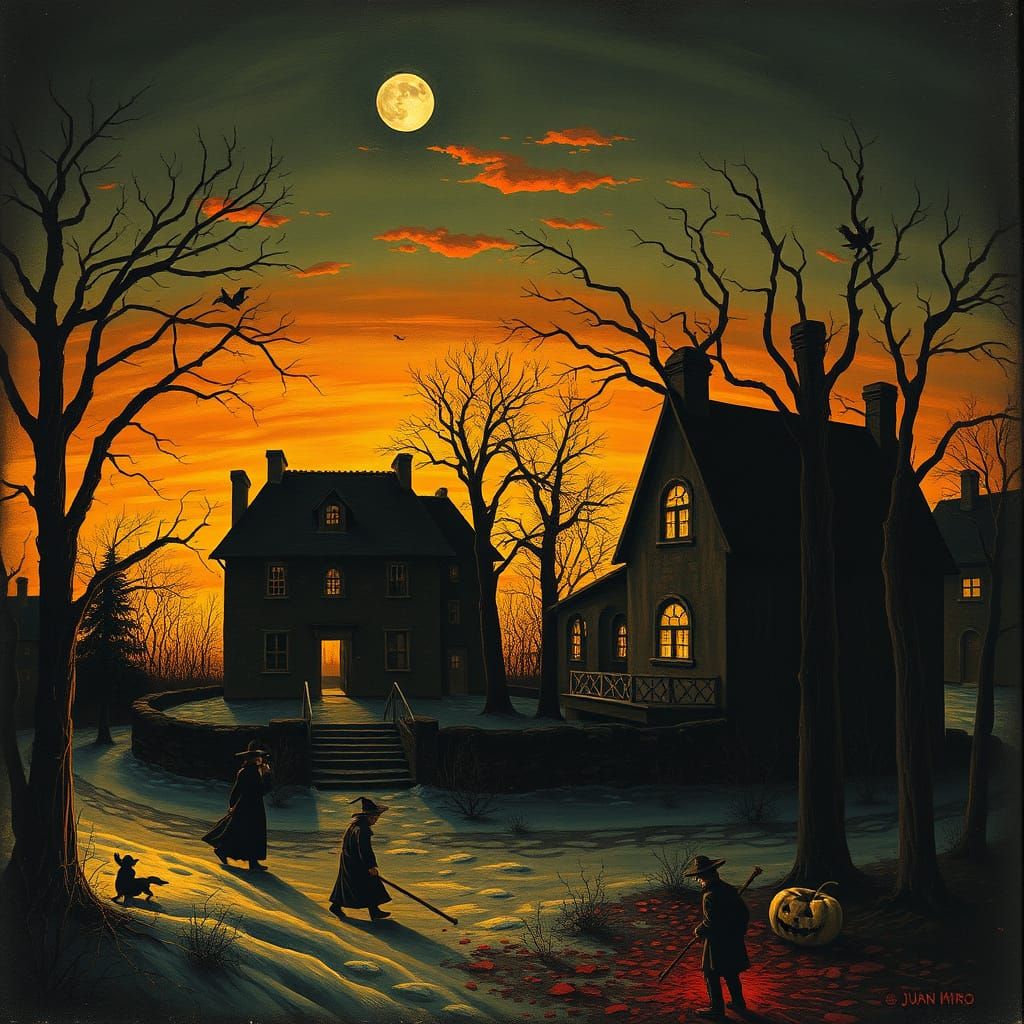 Haunting Crypt Sunset in Miro and Goya Style