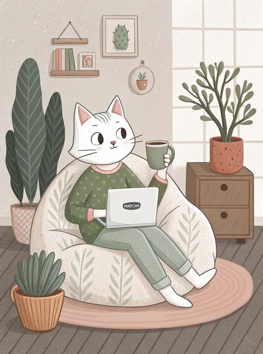 Anthropomorphic Cat Sipping Matcha in Scandinavian Apartment