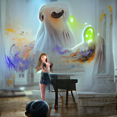 Mysterious Masked Figure in Shadowy Opera Setting