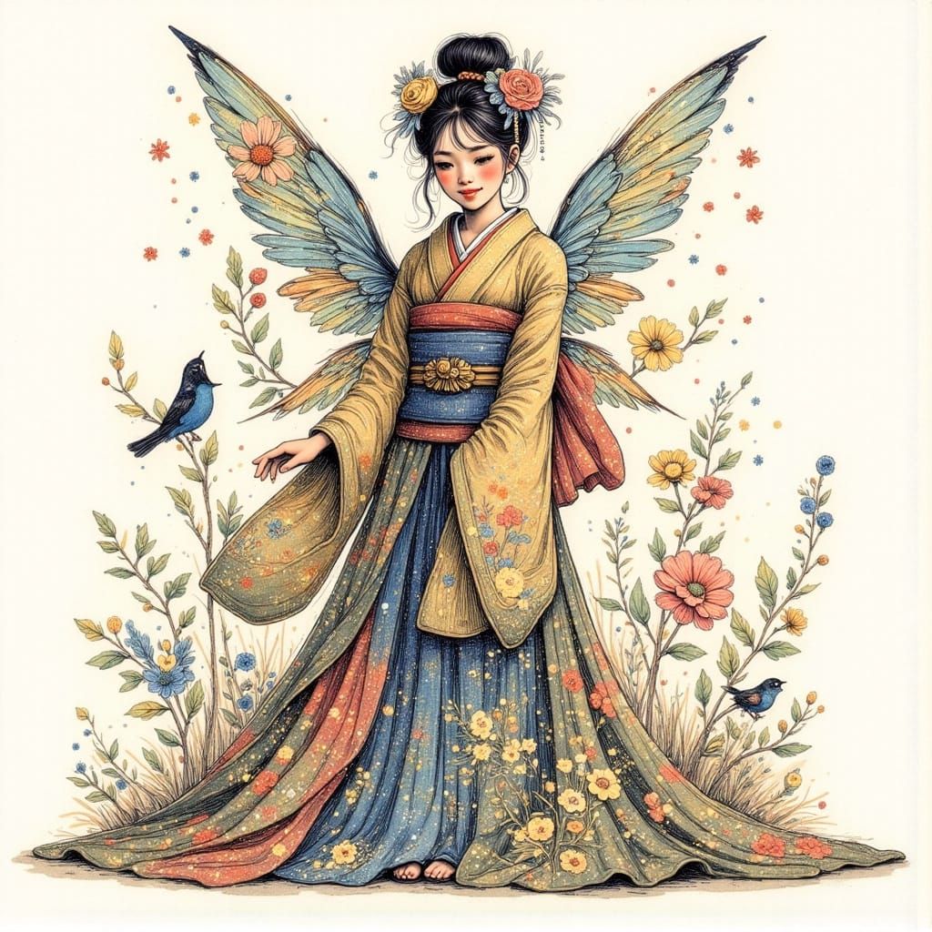 Traditional Japanese Kimono in Elegant Silhouette and Intric...