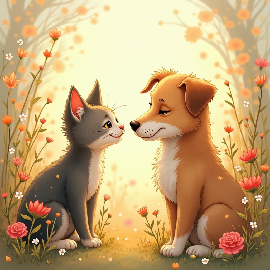 Tender Moment of Feline Canine Devotion in Whimsical Waterco...