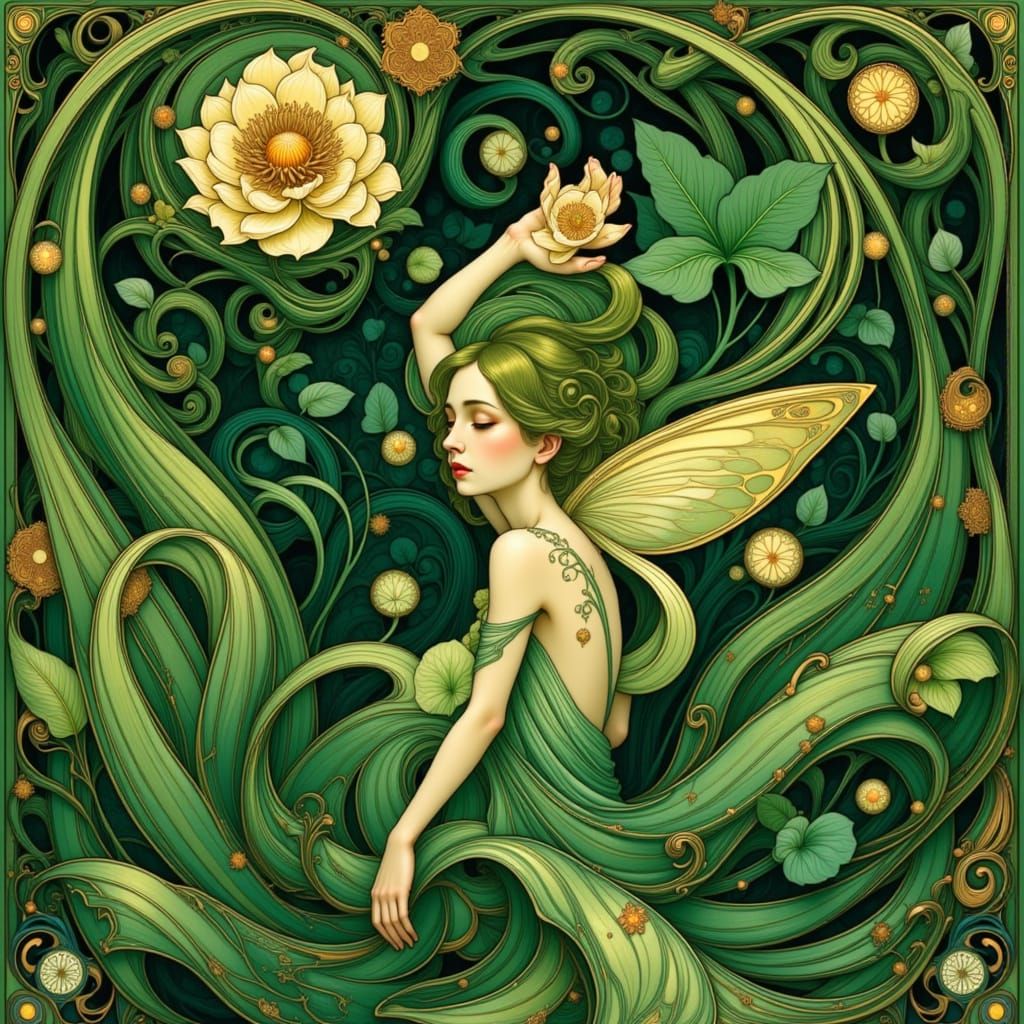 Art Nouveau Fairy Amidst Lush Green Botanical Spirals