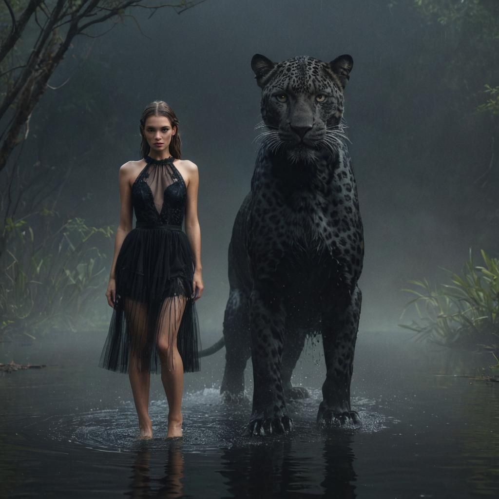 A model wearing black dress of tulle standing in black water...