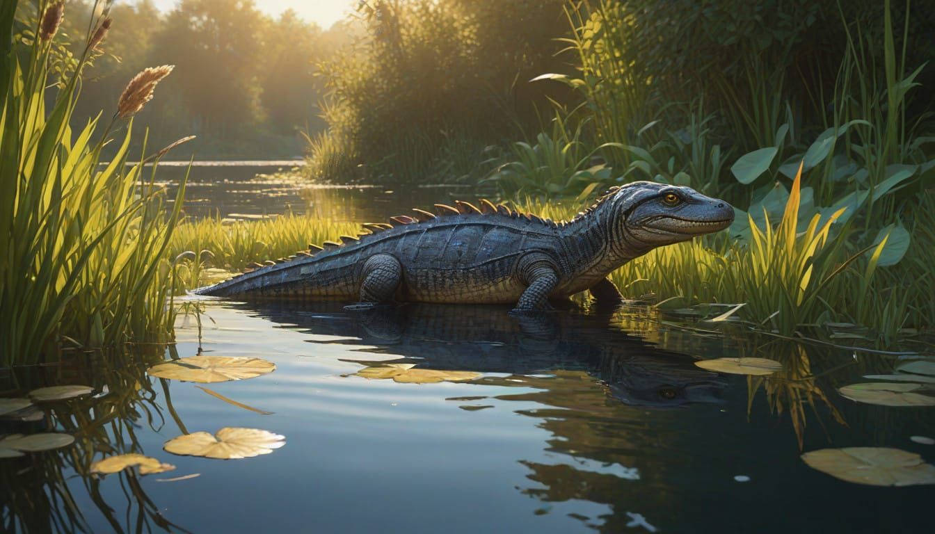 Ancient Aquatic Reptile in Vibrant, Dreamy Landscape