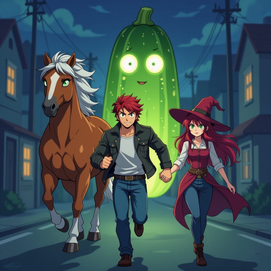 Half-Horse Man Runs with Woman in Anime Style