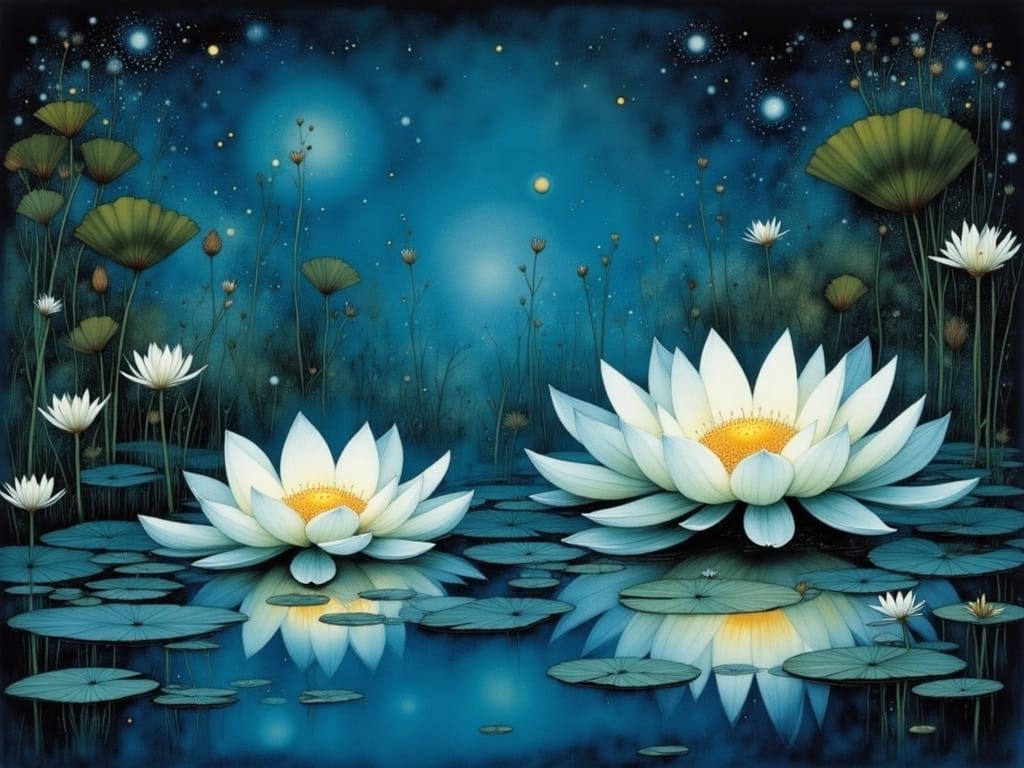 Surreal Water Scene with Lotus Flowers and Fireflies in Ethe...